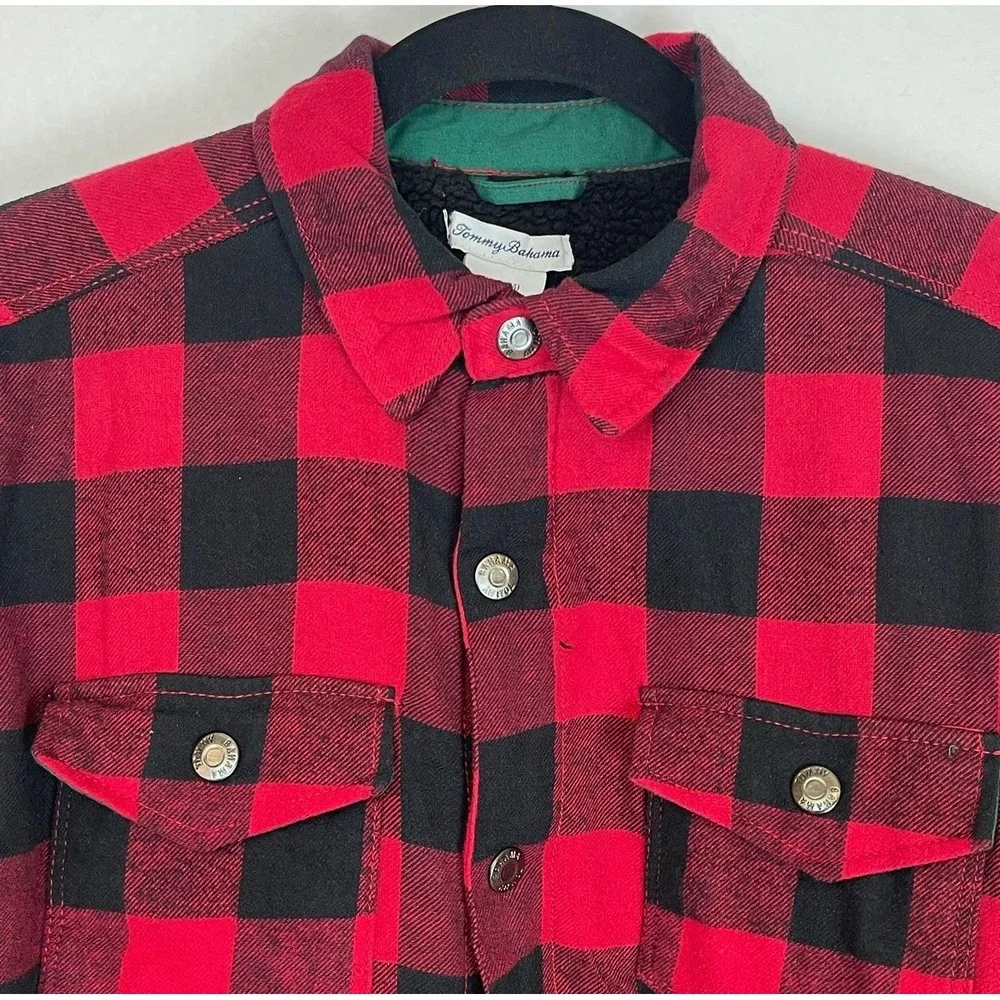 TOMMY BAHAMA Shacket Shirt Jacket Kids XL 14 Red Buffalo Plaid Sherpa Lined Snap